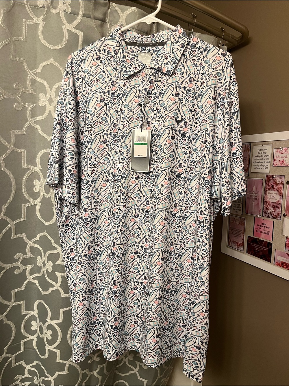 Callaway Men's White Patterned Polo Shirt with Blue & Pink Accents